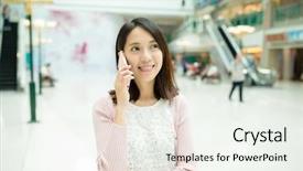  Presentation with talk - Slide set consisting of retail mobile outlet - woman talk to cellphone background and a sky blue colored foreground