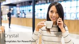  Presentation with coffee talk - Presentation theme consisting of woman talk to cellphone in coffee shop background and a lemonade colored foreground
