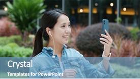  Presentation with talk - Cool new PPT layouts with woman talk to smart phone backdrop and a  colored foreground