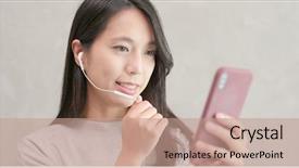  Presentation with free - Presentation design consisting of woman talking on hand free background and a coral colored foreground