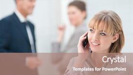  Presentation with phone - PPT theme enhanced with woman talking on mobile phone background and a  colored foreground