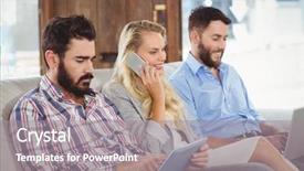  Presentation with phone - Beautiful slide set featuring woman talking over phone while colleagues using technologies while sitting on sofa in office backdrop and a gray colored foreground