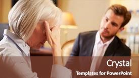  Presentation with using digital tablet - Slide set enhanced with woman talking to male counsellor background and a tawny brown colored foreground