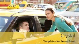  Presentation with taxi - Cool new slide deck with woman talking to male taxi backdrop and a yellow colored foreground