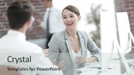  Presentation with conservative business - PPT layouts with woman talking with a client background and a  colored foreground