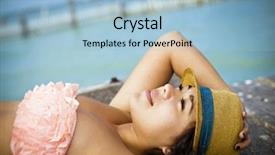  Presentation with beach - Amazing slide set having woman tanning at the beach backdrop and a  colored foreground