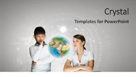  Presentation with media image - Amazing theme having woman teacher and boy backdrop and a light gray colored foreground