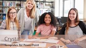  Presentation with college students - Amazing slide set having woman teacher working with female college students in library backdrop and a coral colored foreground