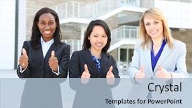  Presentation with building team - Presentation theme featuring woman team at office building background and a  colored foreground