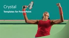 Presentation with winner - Slide deck with woman tennis player celebrating winner on court background background and a ocean colored foreground