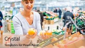  Presentation with supermarket - Theme having woman testing the fresh fruit background and a coral colored foreground