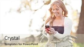  Presentation with beautiful places vietnam - PPT theme featuring woman texting on her phone background and a soft green colored foreground