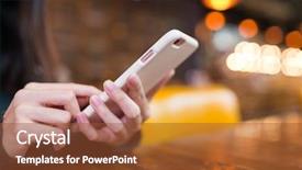  Presentation with coffee shop - Colorful presentation theme enhanced with woman texting on mobile phone backdrop and a tawny brown colored foreground