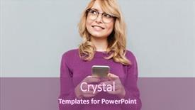  Presentation with thinking - Colorful presentation design enhanced with woman thinking and using phone backdrop and a violet colored foreground