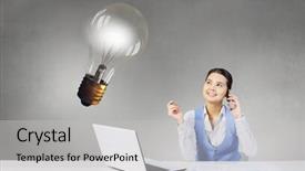  Presentation with project - Presentation theme featuring woman-thinking-over-her-project background and a light gray colored foreground