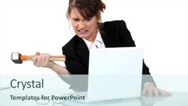  Presentation with computer - PPT theme consisting of woman-threatening-computer-with-hammer background and a sky blue colored foreground