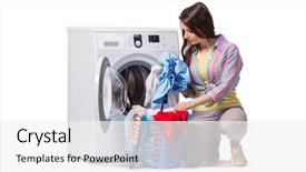  Presentation with laundry shop - Theme enhanced with woman tired after doing laundry background and a white colored foreground