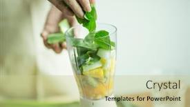  Presentation with smoothie - Presentation design enhanced with woman to make a green smoothie in the mixer background and a soft green colored foreground