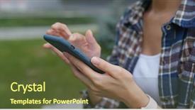  Presentation with city - Slide set with woman touch on mobile phone background and a tawny brown colored foreground