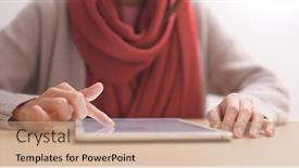  Presentation with computer - Cool new presentation theme with woman touch on tablet computer backdrop and a coral colored foreground