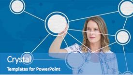  Presentation with molecular - Presentation design featuring woman touching digitally generated molecular structure against blue background background and a teal colored foreground