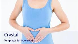  Presentation with stomach - PPT layouts with woman touching her painful stomach on white background background and a light blue colored foreground