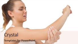  Presentation with pain - Beautiful presentation design featuring woman touching her sore elbow backdrop and a coral colored foreground