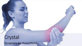  Presentation with pain - Slide deck with woman touching her sore elbow background and a light blue colored foreground