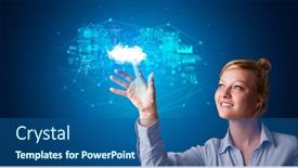  Presentation with cloud based - Colorful slides enhanced with woman touching hologram projection displaying information from cloud based system backdrop and a ocean colored foreground