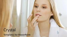  Presentation with lips - PPT layouts consisting of woman touching lips background and a coral colored foreground