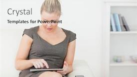  Presentation with living room - PPT theme consisting of woman-touching-the-screen background and a white colored foreground