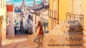  Presentation with tourist - Presentation design with woman-tourist-at-jaen-city background and a coral colored foreground