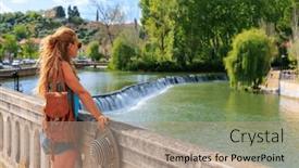  Presentation with tourist - Slide deck featuring woman-tourist-at-tomar-portugal background and a coral colored foreground