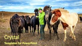  Presentation with tourist - PPT theme featuring woman tourist befriends a group background and a tawny brown colored foreground