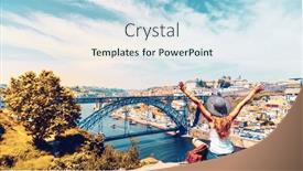  Presentation with iron - Slides having woman-tourist-enjoying-beautiful-panoramic background and a sky blue colored foreground