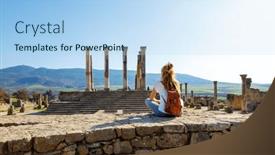  Presentation with tourist - Slide set consisting of woman-tourist-enjoying-beautiful-volubilis background and a light blue colored foreground