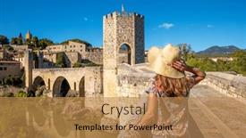  Presentation with tourist - Presentation theme featuring woman-tourist-enjoying-besalu-bridge background and a coral colored foreground