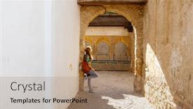  Presentation with morocco - PPT theme enhanced with woman-tourist-enjoying-city background and a coral colored foreground