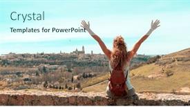  Presentation with tourist - Presentation theme featuring woman-tourist-enjoying-panoramic-view background and a cool aqua colored foreground