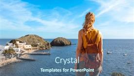  Presentation with mediterranean - Presentation theme having woman-tourist-enjoying-panoramic-view background and a ocean colored foreground