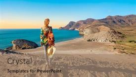 Presentation with sunset beach - Theme enhanced with woman-tourist-enjoying-sunset background and a coral colored foreground