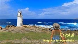  Presentation with lighthouse - PPT theme consisting of woman-tourist-enjoying-view background and a tawny brown colored foreground
