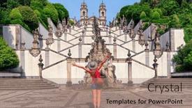  Presentation with tourist - Slide set having woman-tourist-enjoying-visiting-sanctuary background and a coral colored foreground