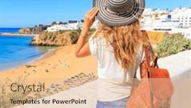  Presentation with holiday destination - PPT layouts enhanced with woman-tourist-in-algarve-carvoeiro background and a lemonade colored foreground
