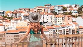  Presentation with tourist - PPT layouts with woman-tourist-in-coimbra-travel background and a coral colored foreground