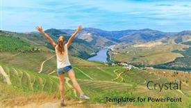  Presentation with vineyards - PPT theme featuring woman-tourist-in-douro-valley background and a gold colored foreground