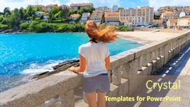  Presentation with tourist - PPT theme with woman-tourist-in-galicia-spain background and a coral colored foreground
