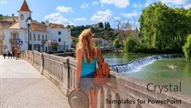  Presentation with tourist - Presentation theme featuring woman-tourist-in-portugal-city background and a coral colored foreground