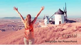  Presentation with windmill - Presentation theme consisting of woman-tourist-in-spain-windmill background and a coral colored foreground