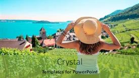  Presentation with vineyards - Slide deck featuring woman-tourist-in-switzerland-vineyards background and a seafoam green colored foreground